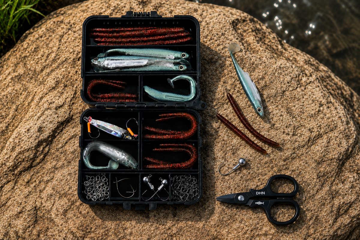 ReelUp Backup Tackle Kit open on a rock showing soft plastic worms, paddle tail swimbaits, a metal jig, terminal tackle and fishing scissors