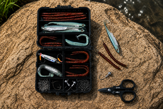 ReelUp Backup Tackle Kit open on a rock showing soft plastic worms, paddle tail swimbaits, a metal jig, terminal tackle and fishing scissors