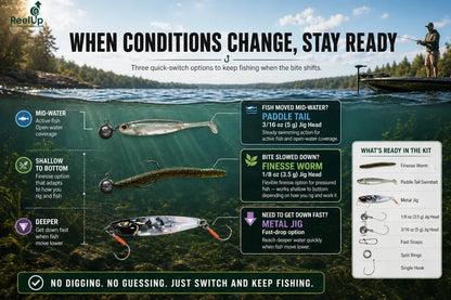 ReelUp Fishing Backup Tackle Kit lure options for changing conditions with paddle tail, finesse worm, and metal jig