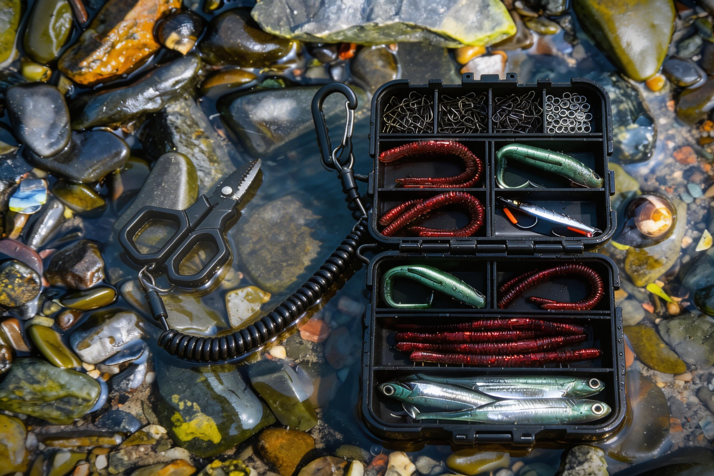 ReelUp Fishing Backup Tackle Kit with soft baits, terminal tackle, and line cutter on wet rocks