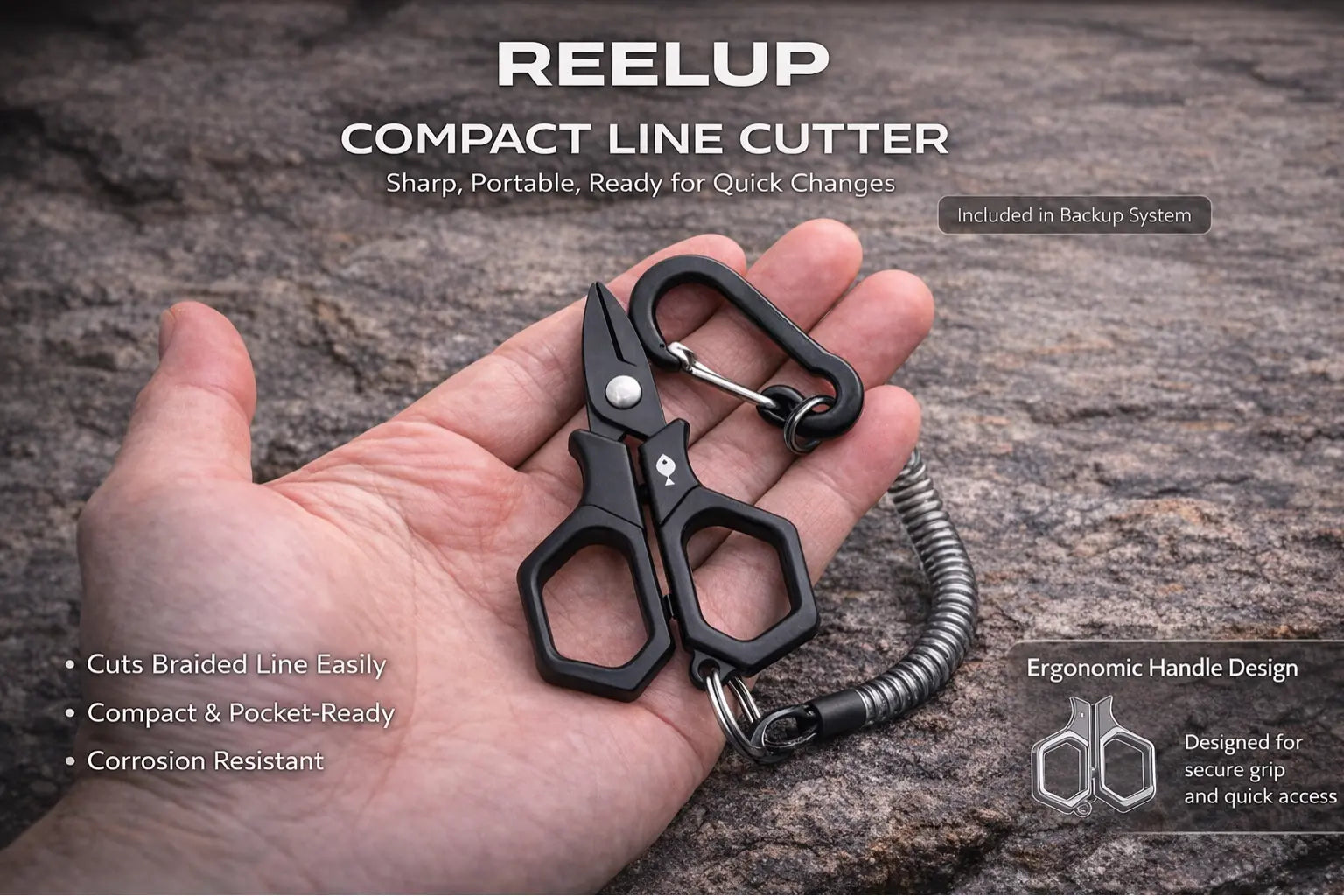 ReelUp Fishing compact line cutter included in the Backup Tackle Kit for quick rig changes