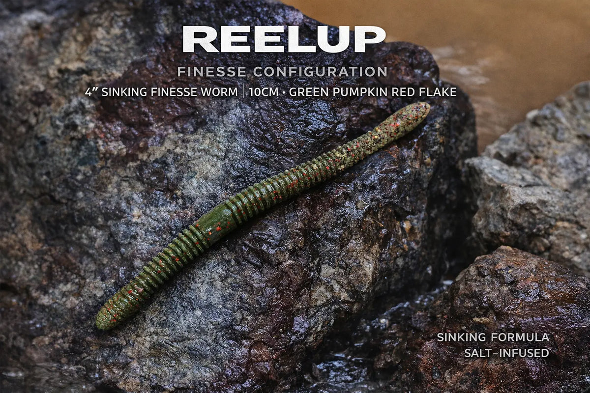 ReelUp Fishing 4 inch sinking finesse worm in green pumpkin red flake on wet rocks
