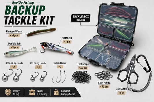 ReelUp Fishing Backup Tackle Kit with finesse worms, paddle tail swimbaits, jig heads, hooks, snaps, split rings, tackle box, and line cutter